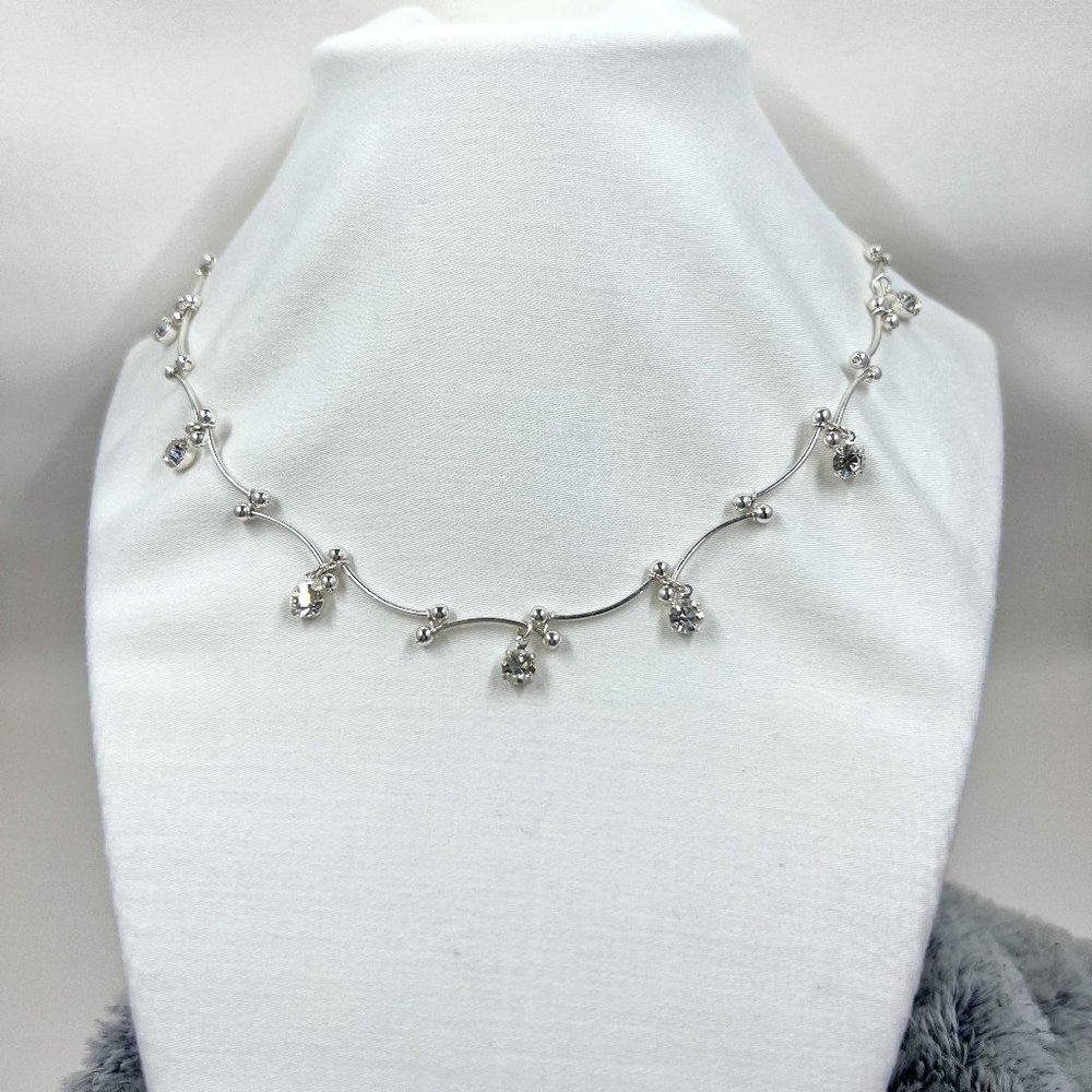 Silver Toned 16” Bar Chain Necklace with Jewel dangles
